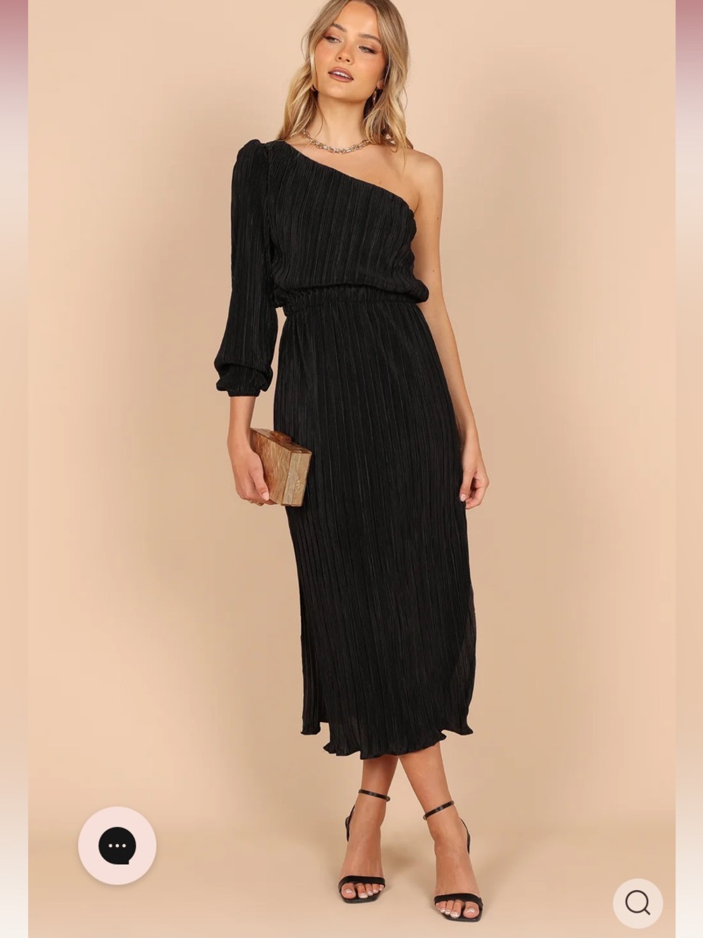 Petal & Pup One-Shoulder Black Pleated Midi with Long Sleeve